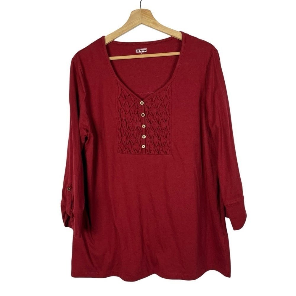 American Sweetheart Red Henley Quilted‎ Long Sleeve Top L